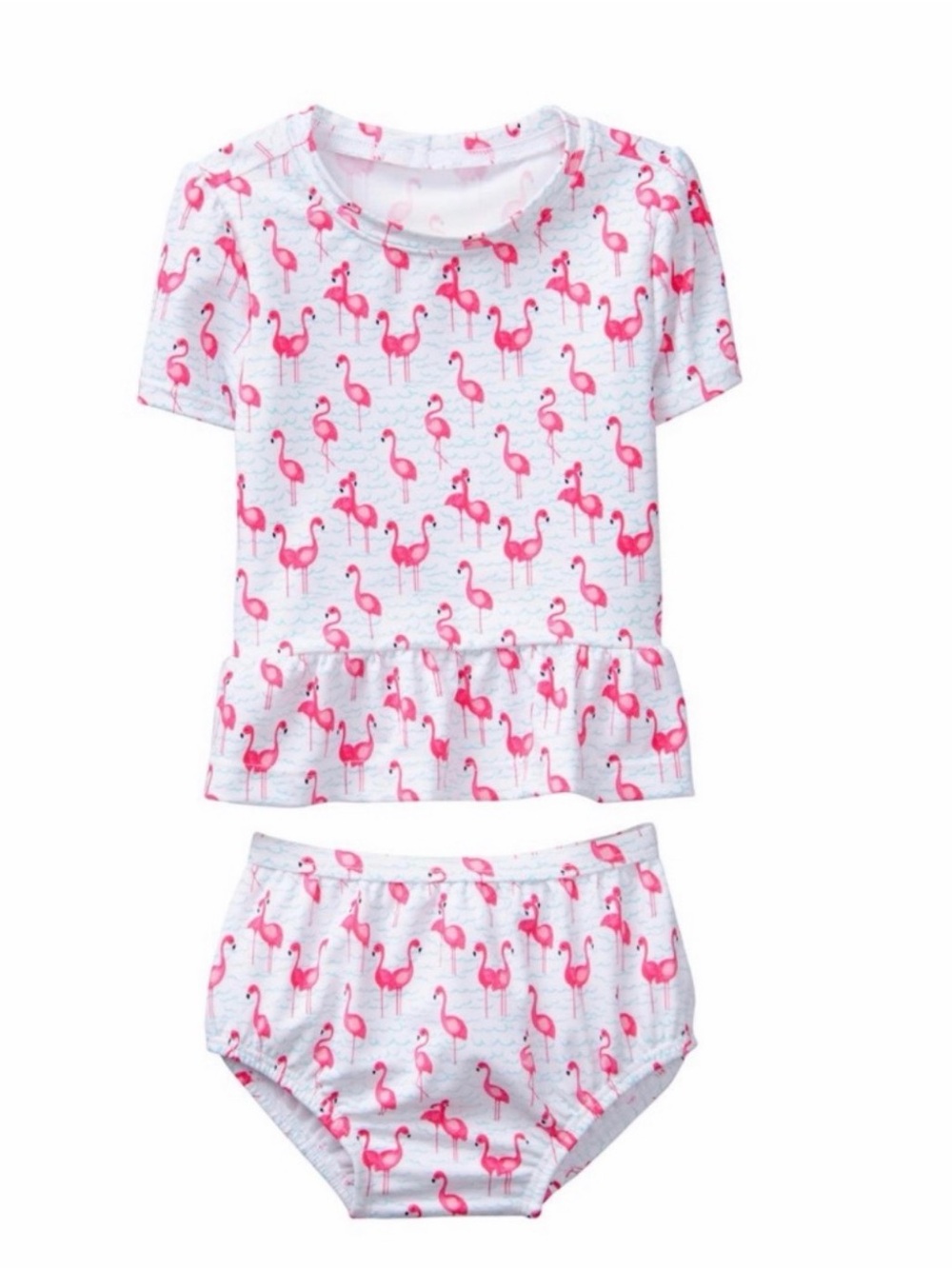 Janie & Jack Short Sleeve Flamingo Two Piece Rash Guard Swimsuit Girls 3-6 month